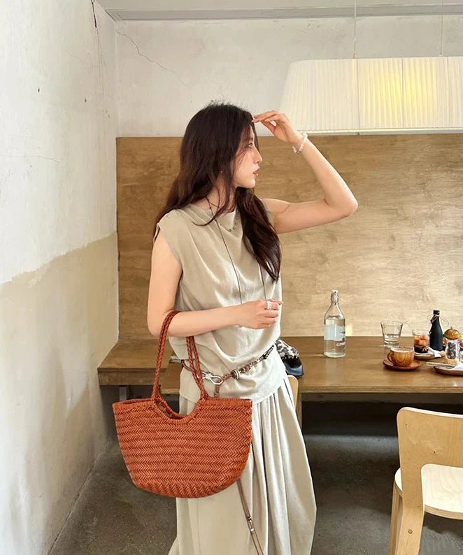 SOERA Bianca Handwoven Leather Tote Bag - Handbags - Coffee Large