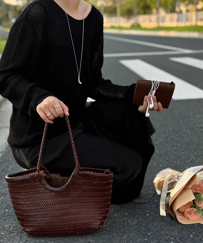 SOERA Bianca Handwoven Leather Tote Bag - Handbags - Coffee Large