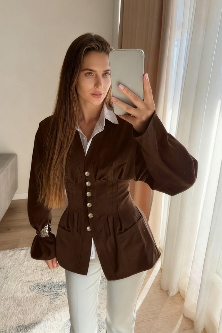 SOERA Beatrice Pleated Slim Vintage Waist Blazer - Jacket - Brown S