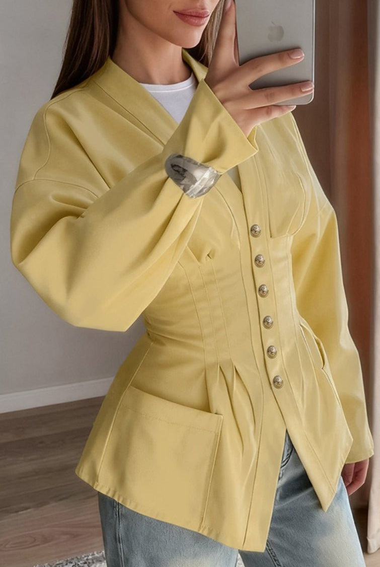 SOERA Beatrice Pleated Slim Vintage Waist Blazer - Jacket - Yellow M