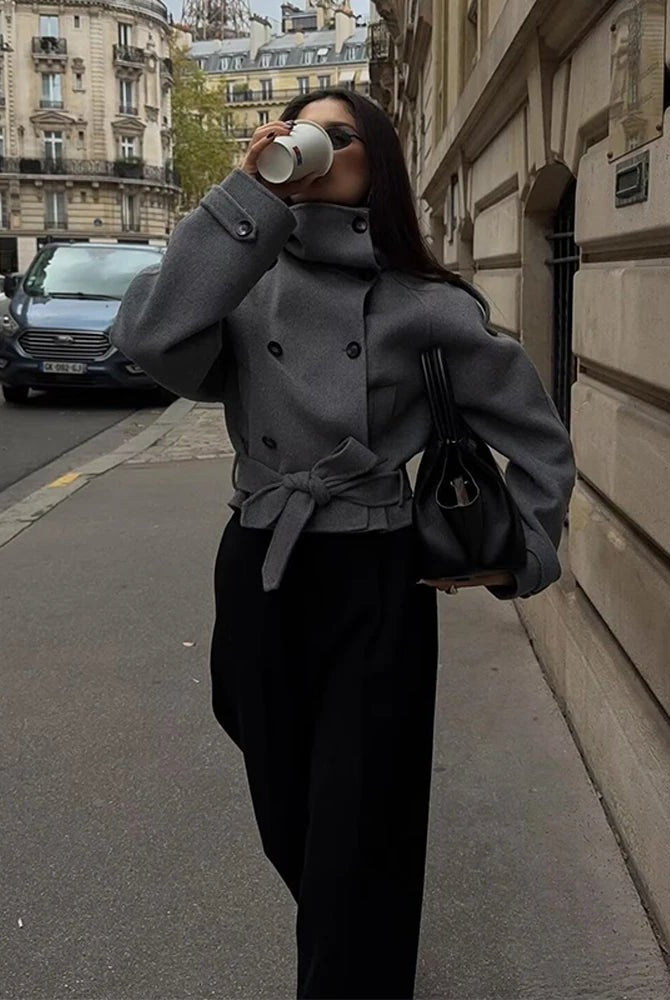 SOERA Debbie Stand Collar Short Trench Coat - Jackets - 1005010585967410-;db1773321574175340152 Gray L