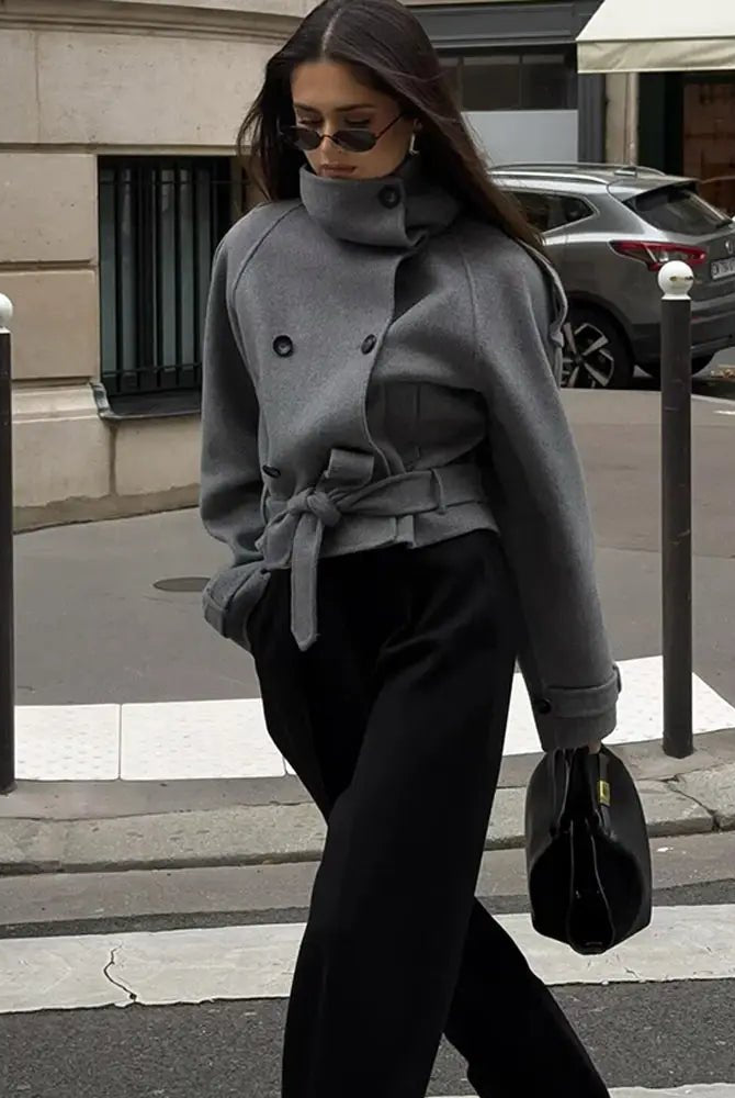 SOERA Debbie Stand Collar Short Trench Coat - Jackets - 1005010585967410-;Yc1773321574175439571 Gray M