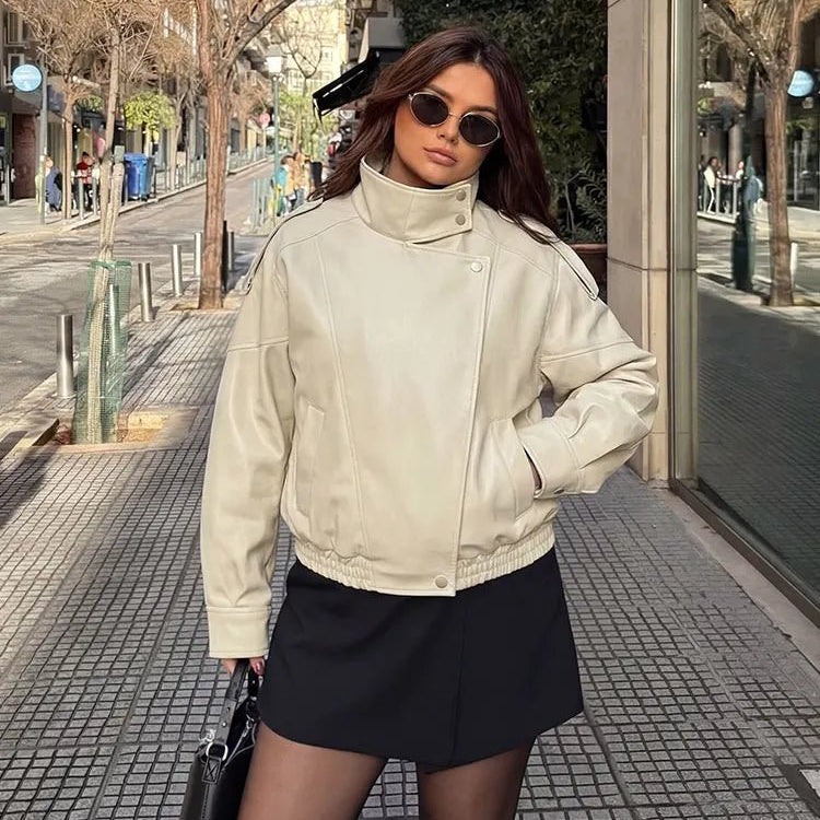 SOERA Joyce Asymmetrical Zip Faux Leather Jacket - Jackets - 1005011921437999-;bq1775031590523832816 Beige XS