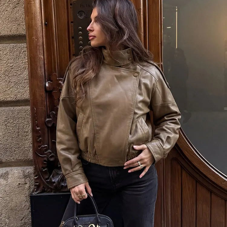 SOERA Joyce Asymmetrical Zip Faux Leather Jacket - Jackets - 1005011921437999-;GZ1775031590524341966 Olive XS