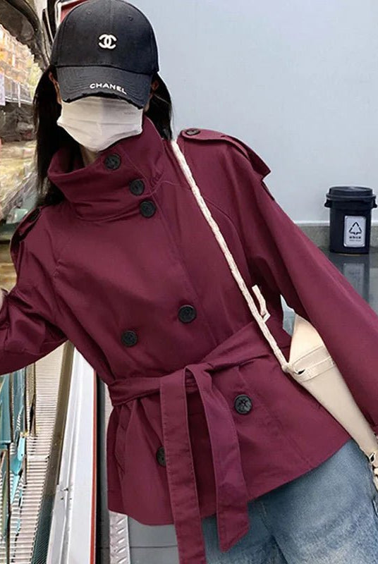 SOERA Kara Stand Collar Belted Crop Trenchcoat - Jackets - 1005009693239722-;dD1771494648611088341 Burgundy XS