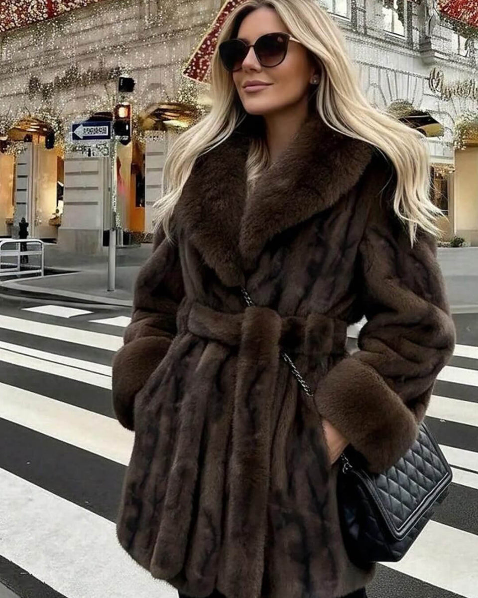 Louise Faux Fur Coat in Coffee, Women's Faux Fur Coat, Elegant Trim Outerwear, Long Sleeve Winter Jacket, Luxury Fluffy Coat for Women, SOERA