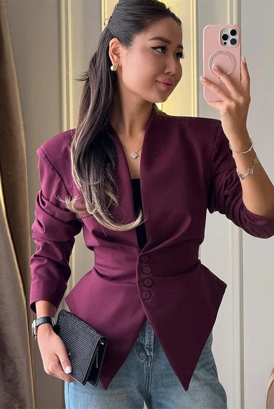 SOERA Tricia Structured Shoulder Cinched Blazer - Jackets - 1005011660132024-;lF1772045930021932226 Burgundy S