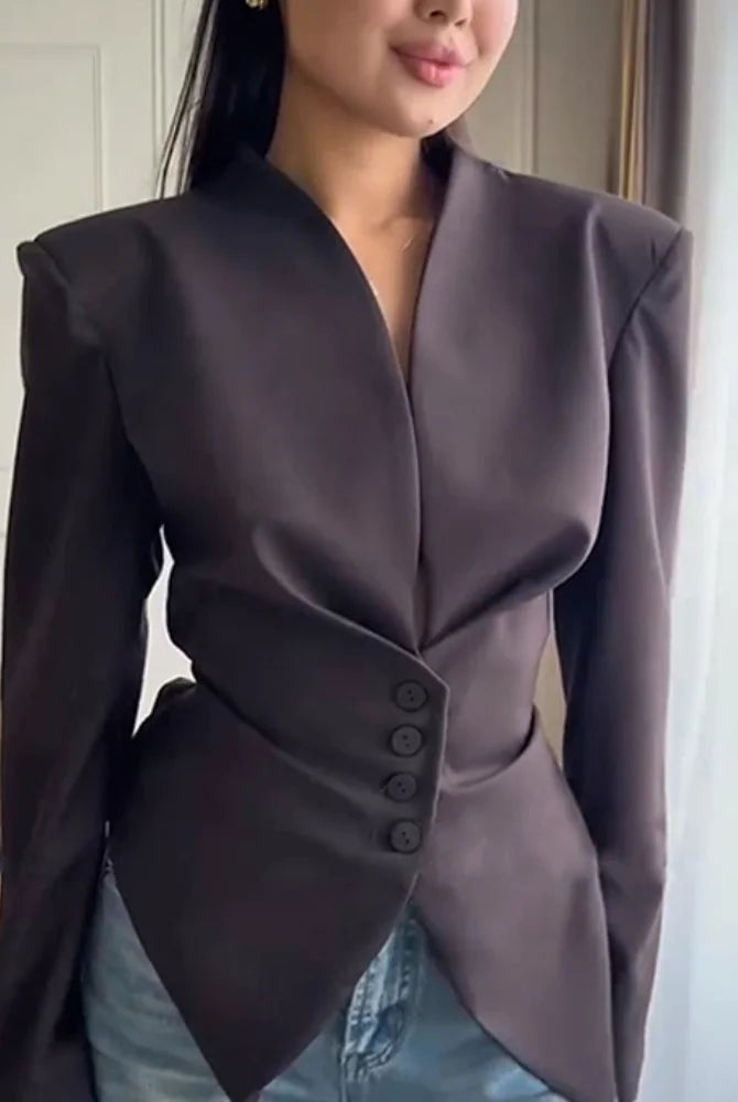 SOERA Tricia Structured Shoulder Cinched Blazer - Jackets - 1005011660132024-;qf1772045930022570680 Brown S