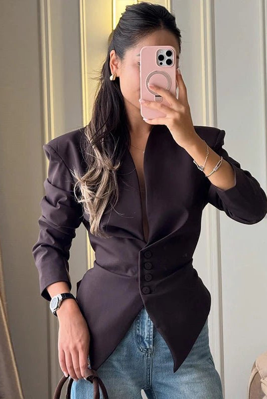 SOERA Tricia Structured Shoulder Cinched Blazer - Jackets - 1005011660132024-;qf1772045930022570680 Brown S