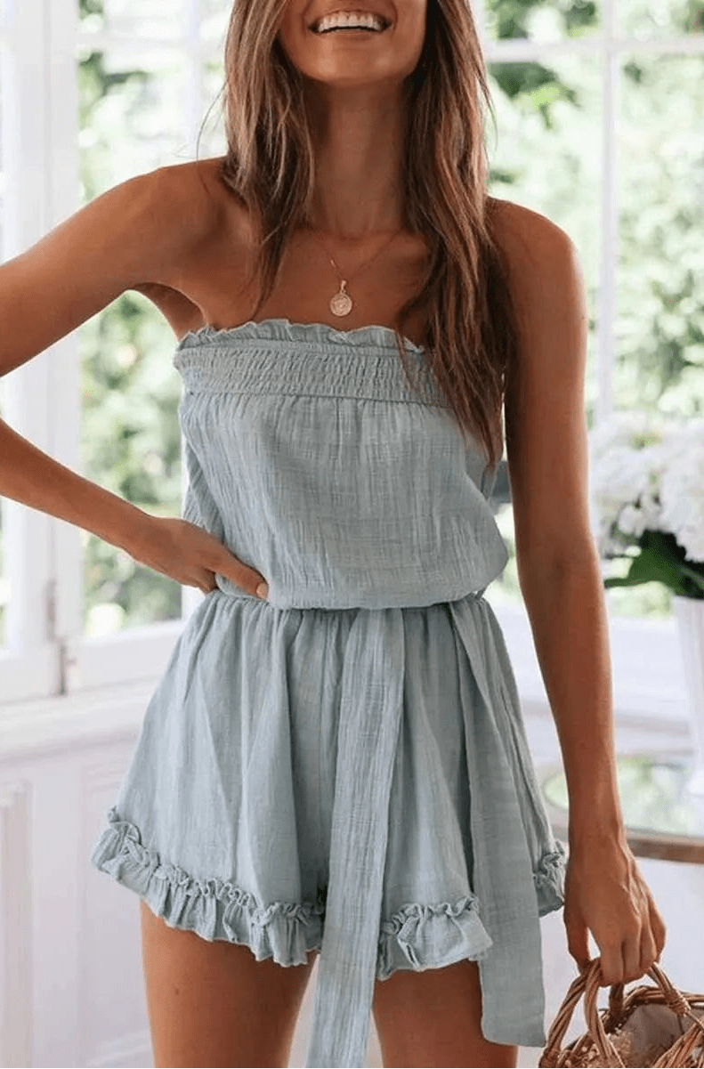 SOERA Beatrice Belted Tube Top Jumpsuit - Jumpsuits & Rompers - Light Blue XS