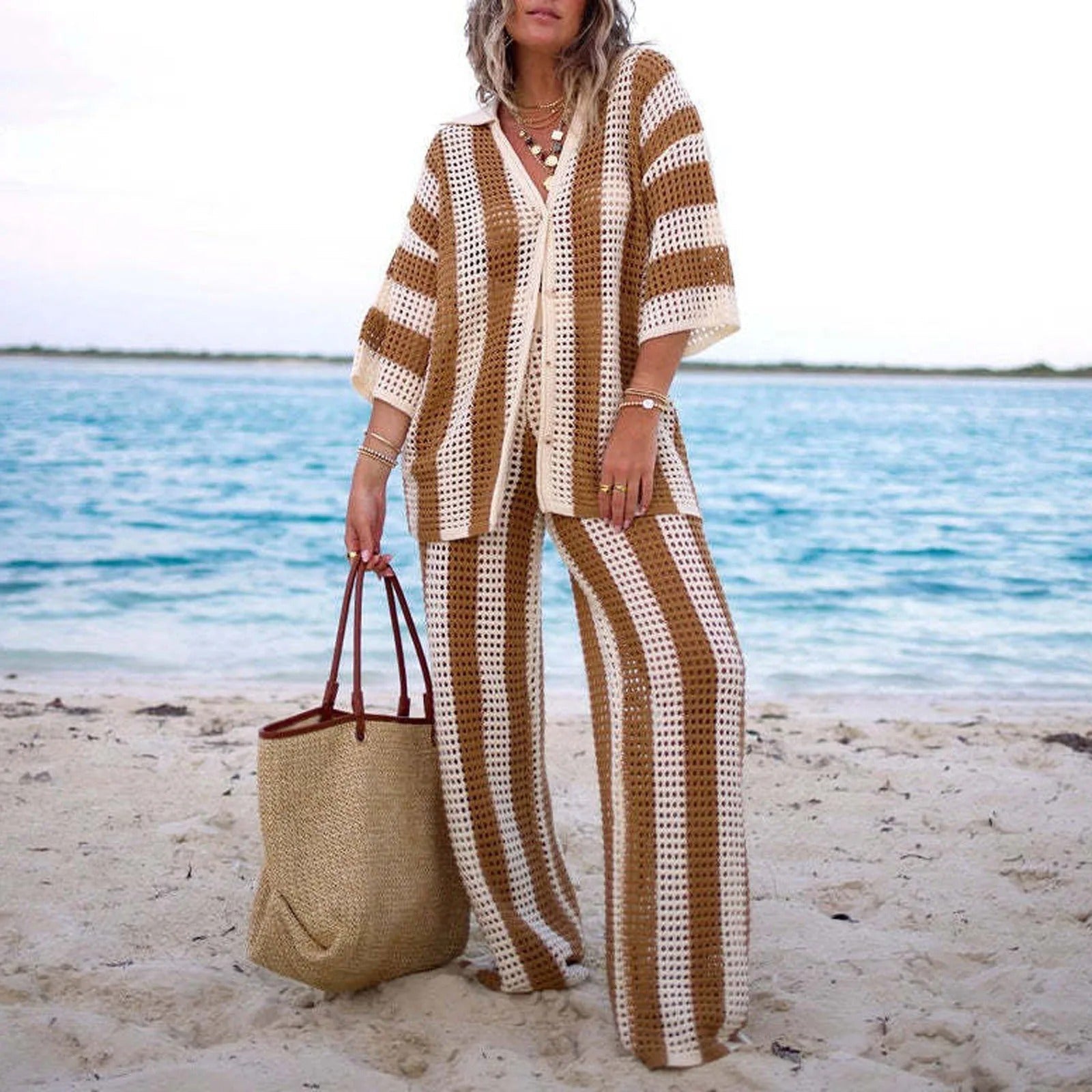 SOERA Aitanda Striped Crochet Co-Ord Set - Matching Sets - SOERA-750403-S-KHAKI-49091 Brown S