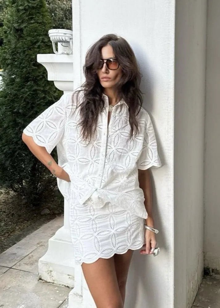 SOERA Beatrice Embroidered Cotton Shirt and Skirt Set - Matching Sets - S
