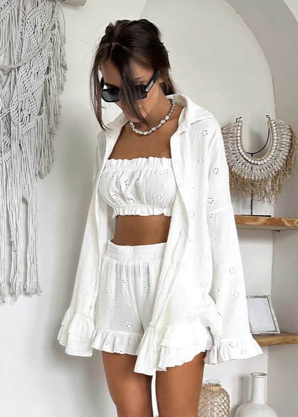 SOERA Beatrice Eyelet Ruffle Shorts Set - Matching Sets - White 3 Piece Set M