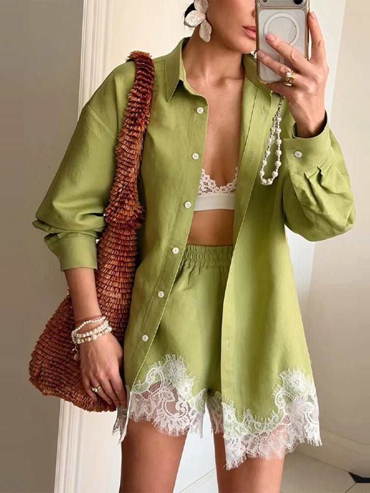 SOERA Celeste Lace Patchwork Beach Shirt Set - Matching Sets - Blue S