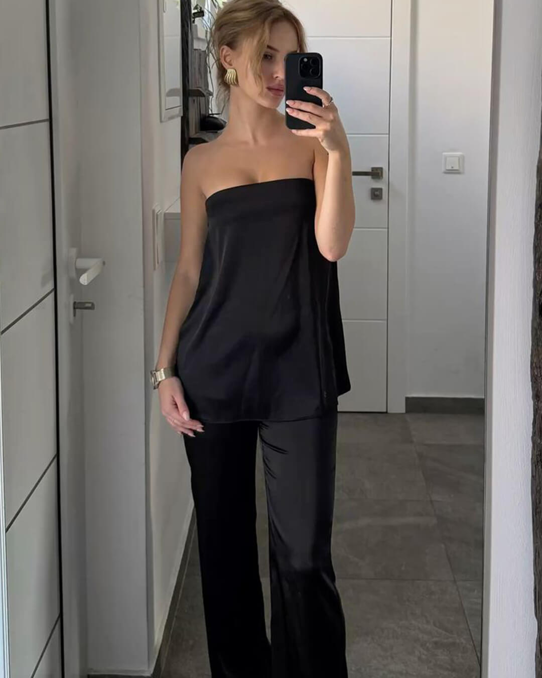 SOERA Claudine Satin Bandeau Pants Suit - Matching Sets - hd1774004001182834355 Black XS