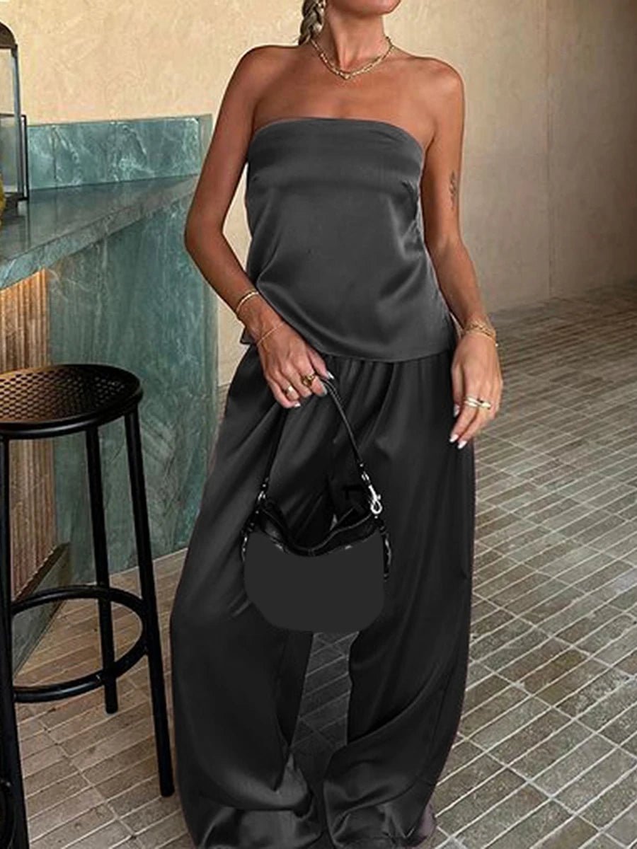 SOERA Felicity Bandeau Pants Satin Suit - Matching Sets - 1005008922806118-;eY1774012026431115873 Black S