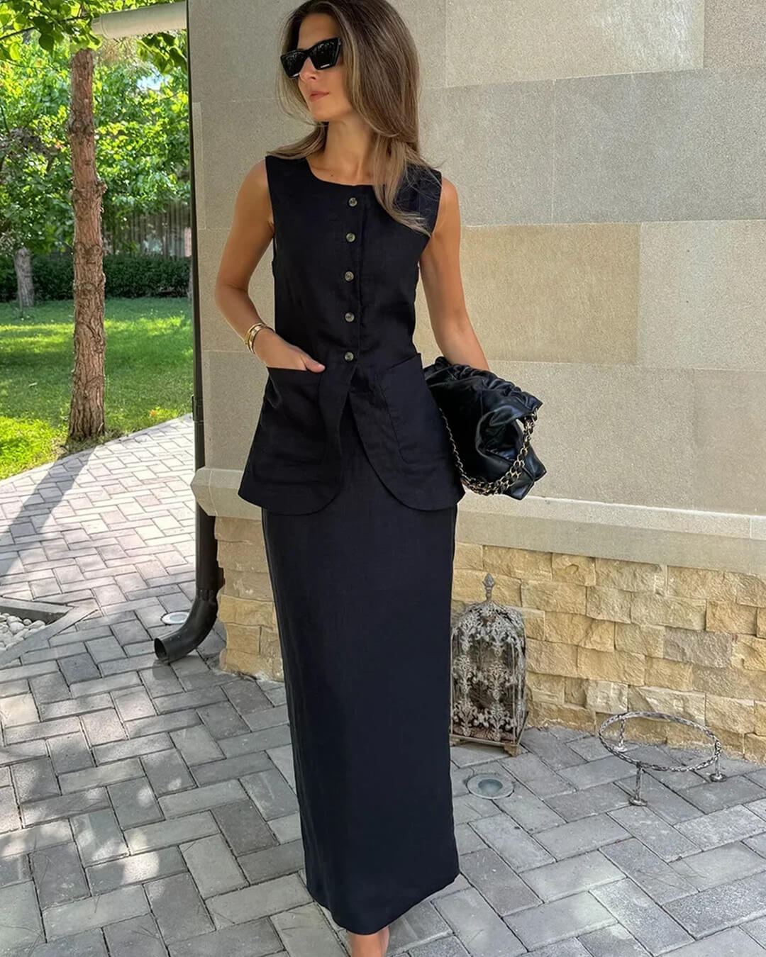 SOERA Irma Sleeveless Linen Set - Matching Sets - Top Black