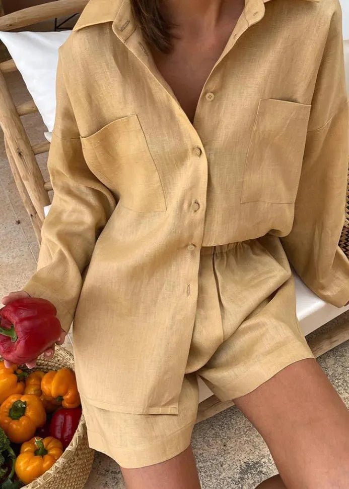SOERA Sophia Linen Button - Down Shirt & High - Waist Shorts Set - Matching Sets - Brown S