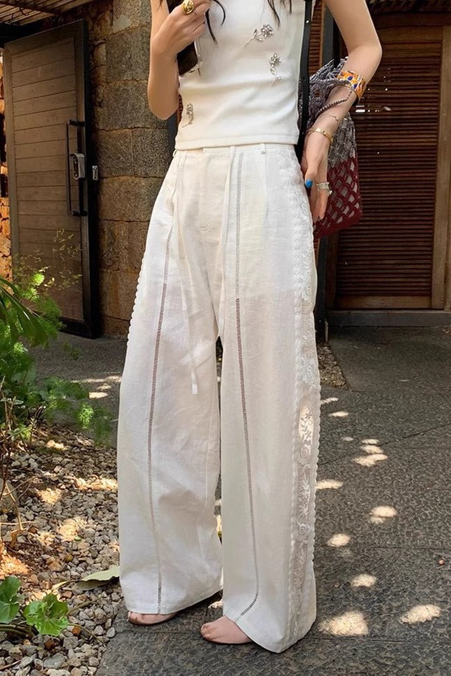 SOERA Beatrice Linen Lace Splicing Straight Pants - Pants - White S