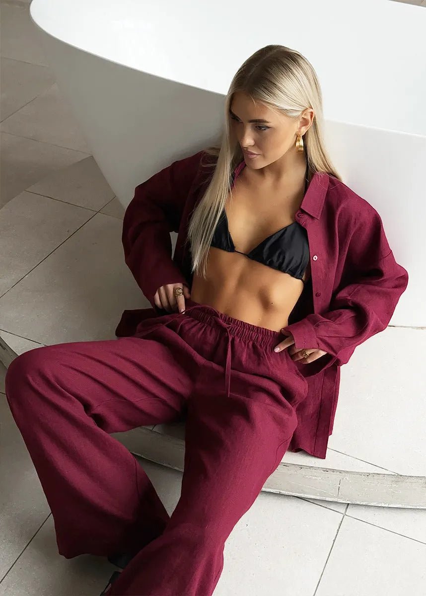 SOERA Bianca Relaxed Cotton Shirt & Wide-Leg Pants Set - Pants - Burgundy L