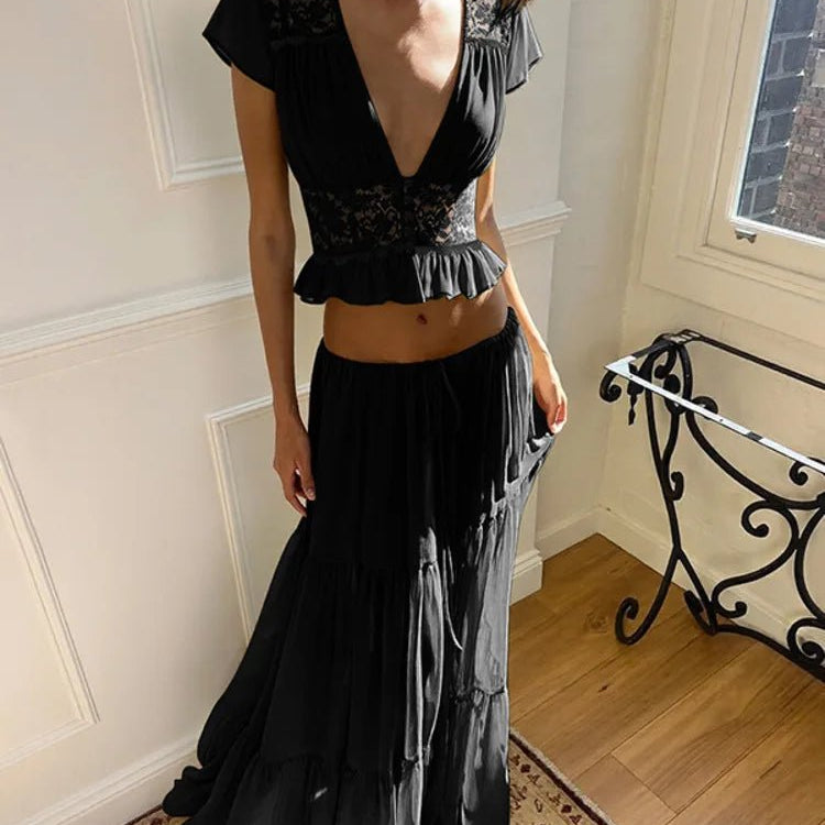 SOERA Morrigan Lace Chiffon Top & Skirt Set - Set - Black XS