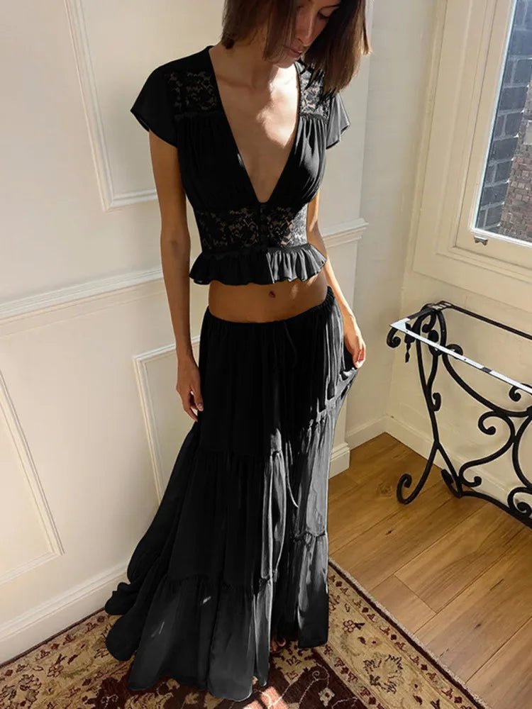 SOERA Morrigan Lace Chiffon Top & Skirt Set - Set - Black XS