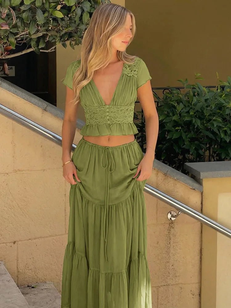 SOERA Morrigan Lace Chiffon Top & Skirt Set - Set - Green M