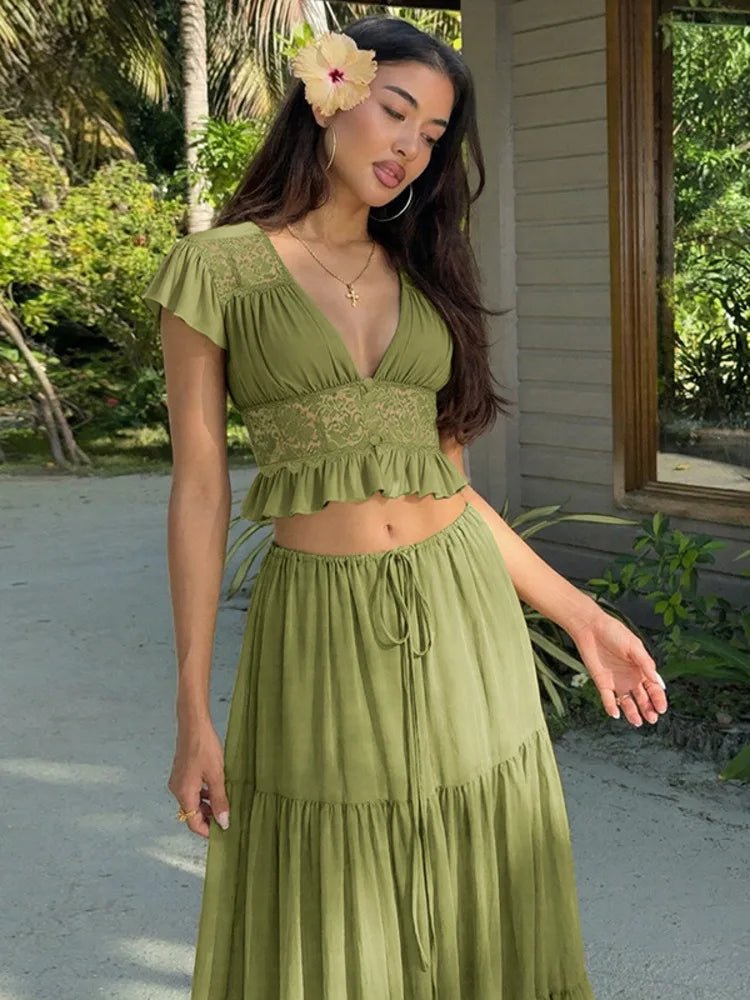SOERA Morrigan Lace Chiffon Top & Skirt Set - Set - Green XS