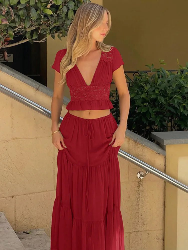 SOERA Morrigan Lace Chiffon Top & Skirt Set - Set - Red XS