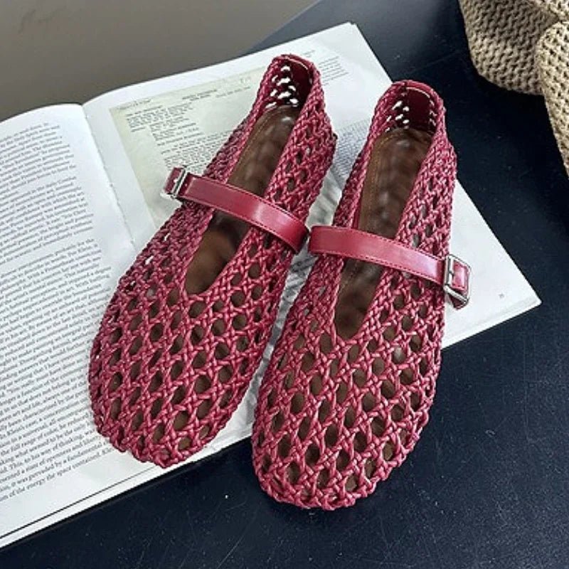 SOERA Bianca Woven Hollow Flat Sandals - Shoes - Burgundy 35