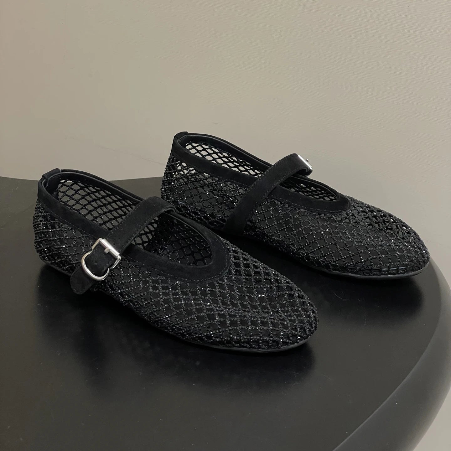 SOERA Jessica Rhinestone Mesh Ballet Flats - Shoes - Black 34