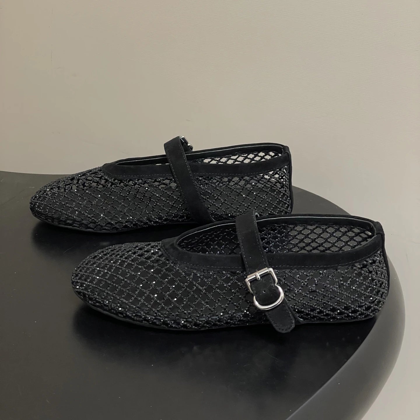 SOERA Jessica Rhinestone Mesh Ballet Flats - Shoes - Black 34