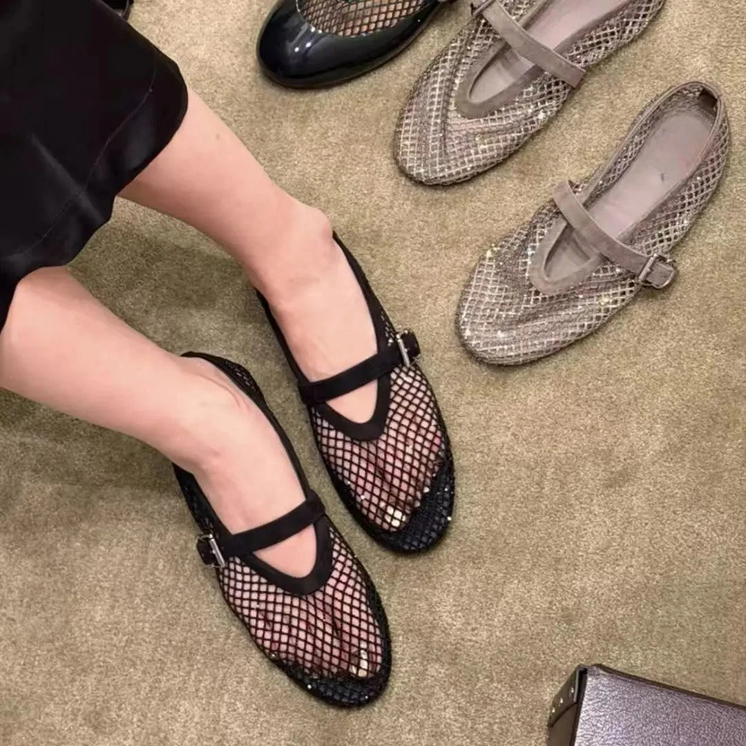SOERA Jessica Rhinestone Mesh Ballet Flats - Shoes - Black 36
