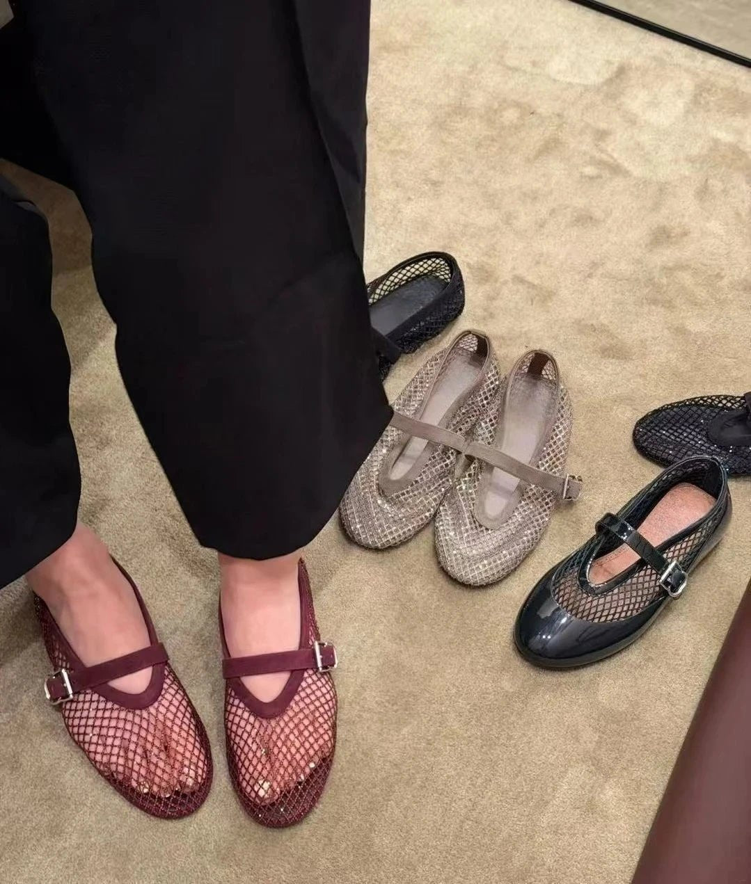 SOERA Jessica Rhinestone Mesh Ballet Flats - Shoes - Burgundy 36