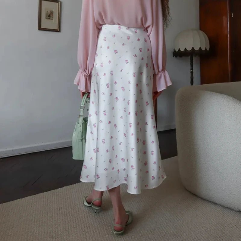 SOERA Bianca High Waist Satin Printed Midi Skirt - Skirts - White S