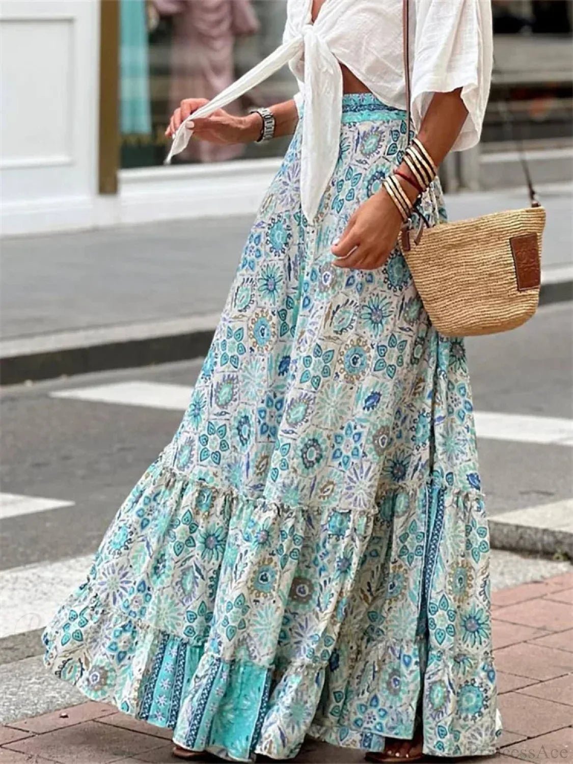 SOERA Celeste Flowy Boho Print Ruffled Hem Skirt - Skirts - Sky Blue S