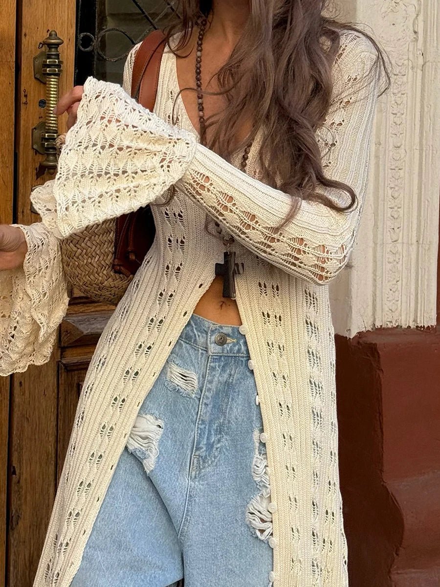 SOERA Lyra Hollow Out Knit Cardigan Dress - Sweaters & Cardigans - Beige M