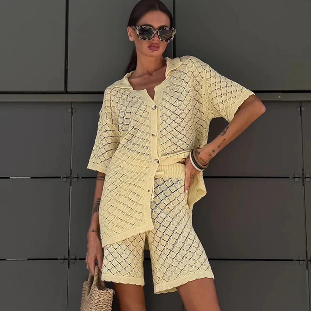 SOERA Selene Knit Cardigan Shorts Set - Sweaters & Cardigans - Yellow S