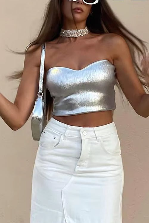 SOERA Beatrice Metallic Bandeau Crop Top - Top - Silver S