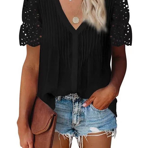 SOERA Beatrice V - Neck Lace Sleeve Top - Top - Black S