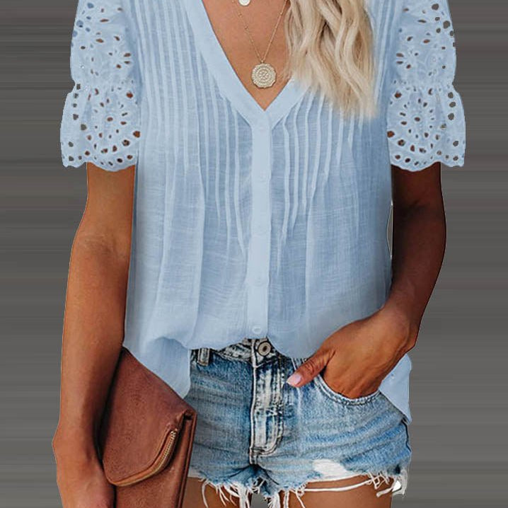 SOERA Beatrice V - Neck Lace Sleeve Top - Top - Sky Blue S