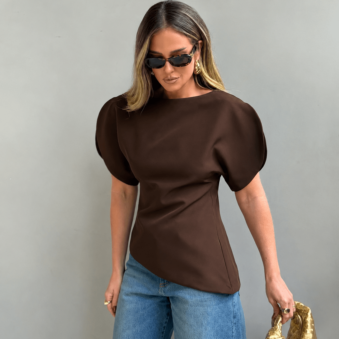 SOERA Sienna Tricot Balloon Sleeve Top - Top - SOERA-585475-S-BROWN-75427 Brown S