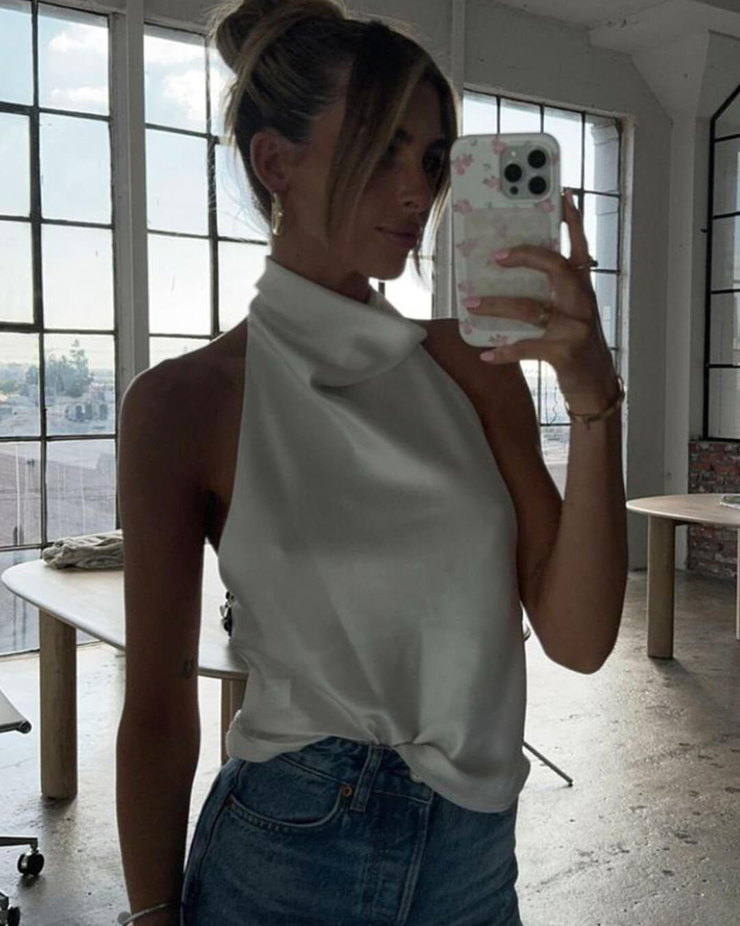 SOERA Anastasia Halter Backless Satin Top - Tops - White S