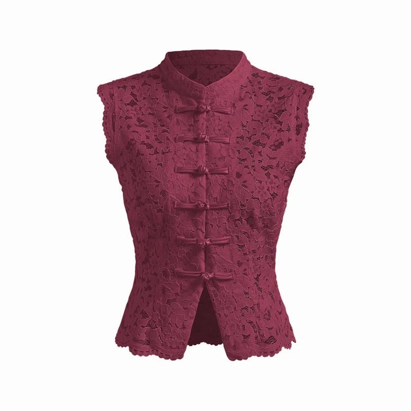 SOERA Beatrix Sheer Lace Mandarin Collar Blouse - Tops - Burgundy M