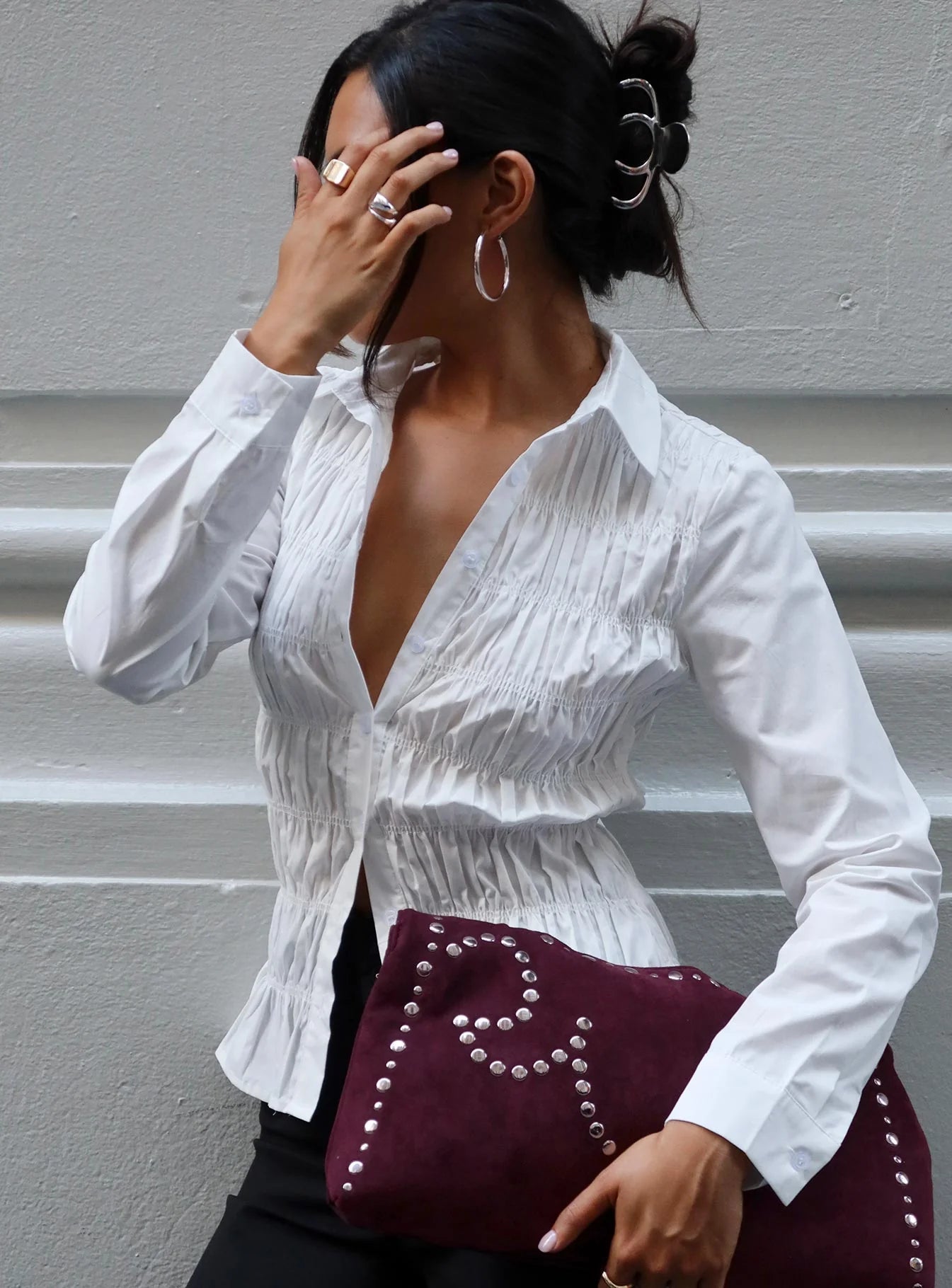 SOERA Natasha Long Sleeve Ruched Top - Tops - 1005010048738328-;SK1775063643546973706 White S
