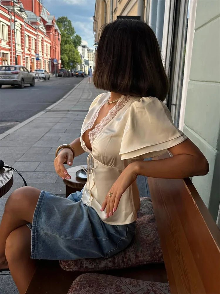 SOERA Nathalie Satin Lace Blouse - Tops - Rusty Brown S