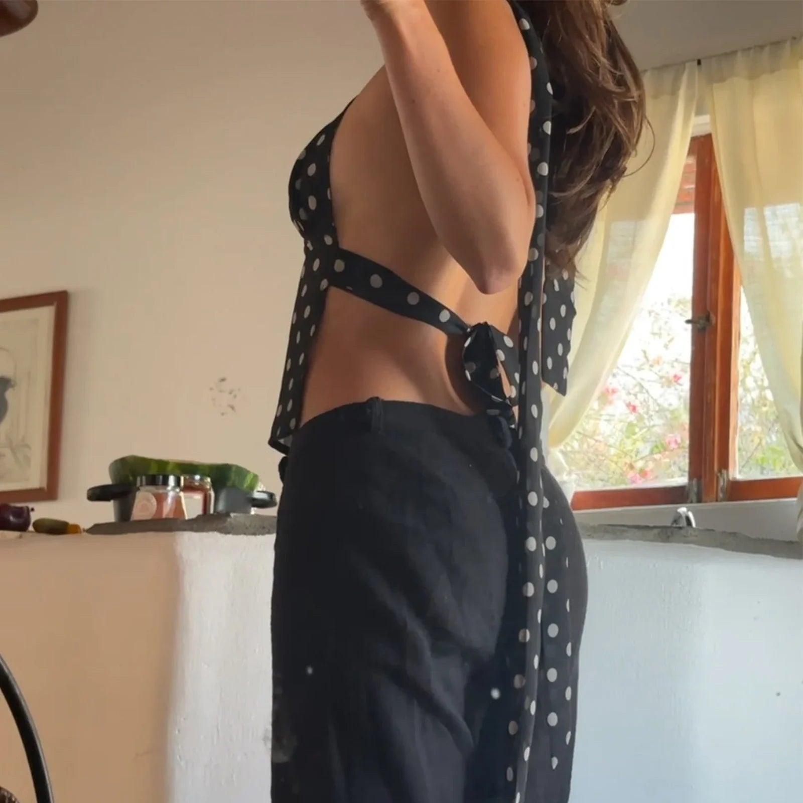 SOERA Ruffa Polka Dot Backless Cami Top - Tops - Black XS