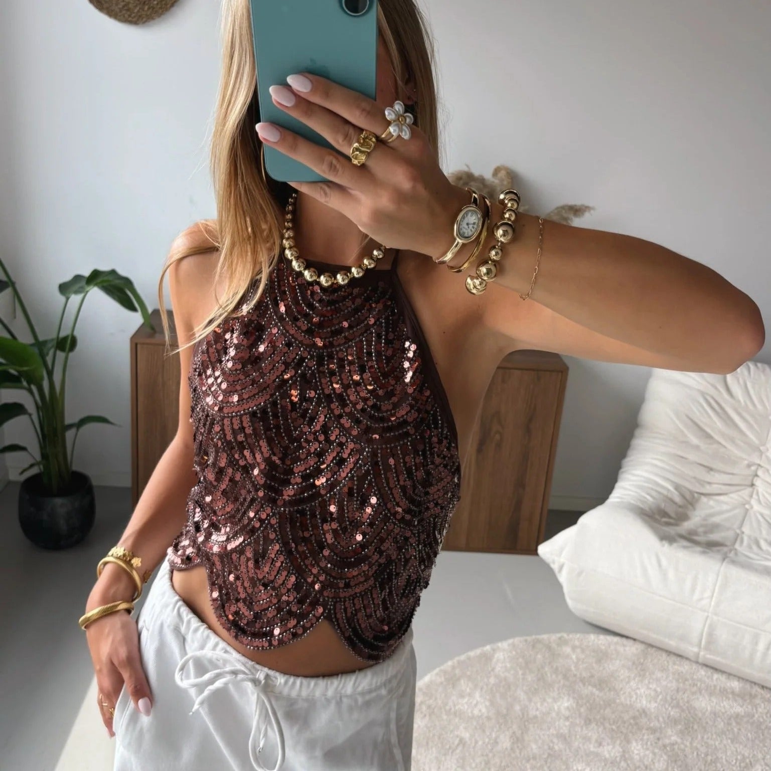 SOERA Sophia Sequin Halter Top - Tops - Bronze XS
