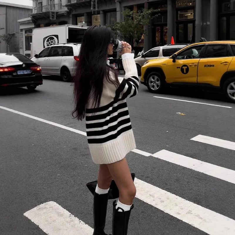 Black and White Striped Sweater for Women - Versatile Medium and Long Styles 3