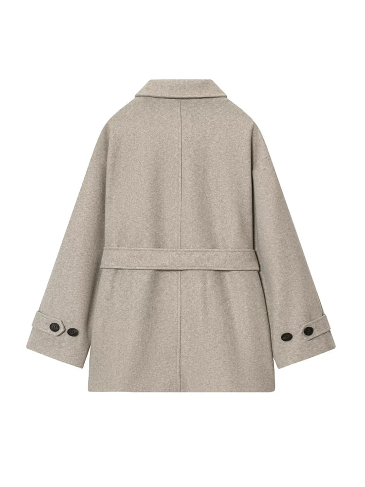 Chic Women's Wool Coat with Belt, Double-Position Collar & Front Pockets 2